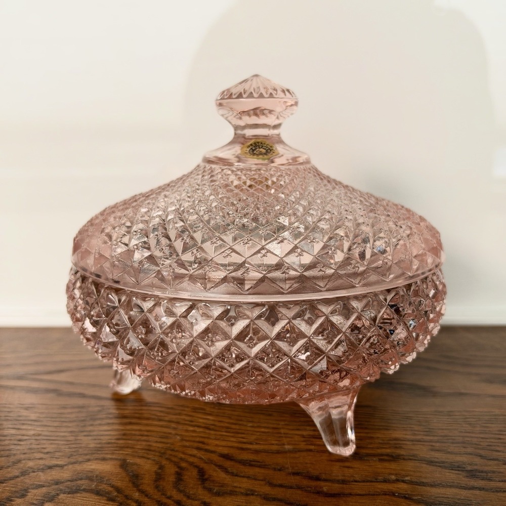 Vintage Westmoreland Pink Glass Diamond Point 3 Footed Covered Candy Dish 6"